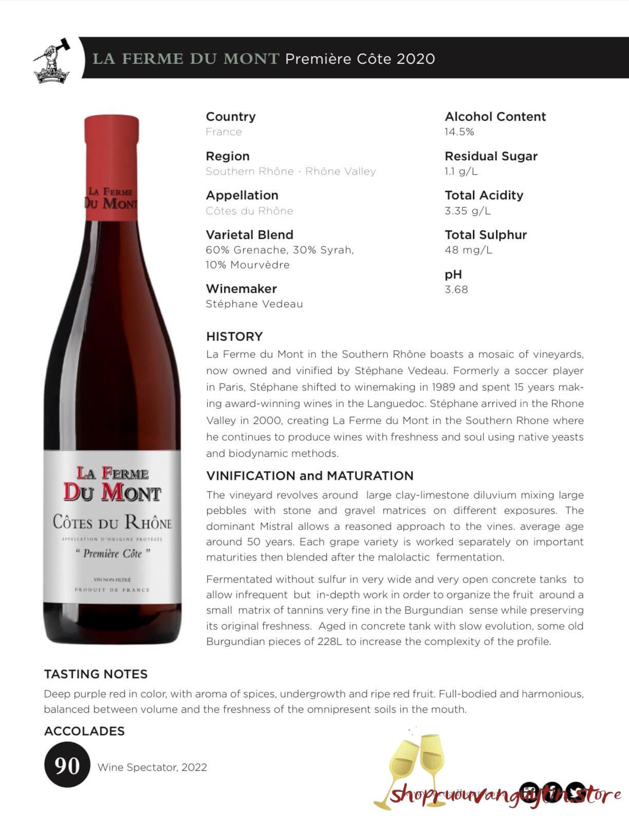 rượu vang Pháp La Ferme Du Mont – Côtes du Rhône – Première Côte 2020