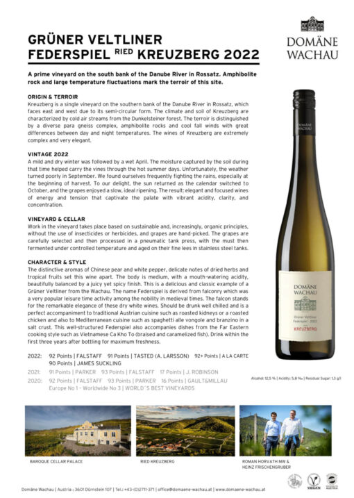 Rượu Vang Áo WACHAU GRÜNER VELTLINER FEDERSPIEL RIED KREUZBERG 2022