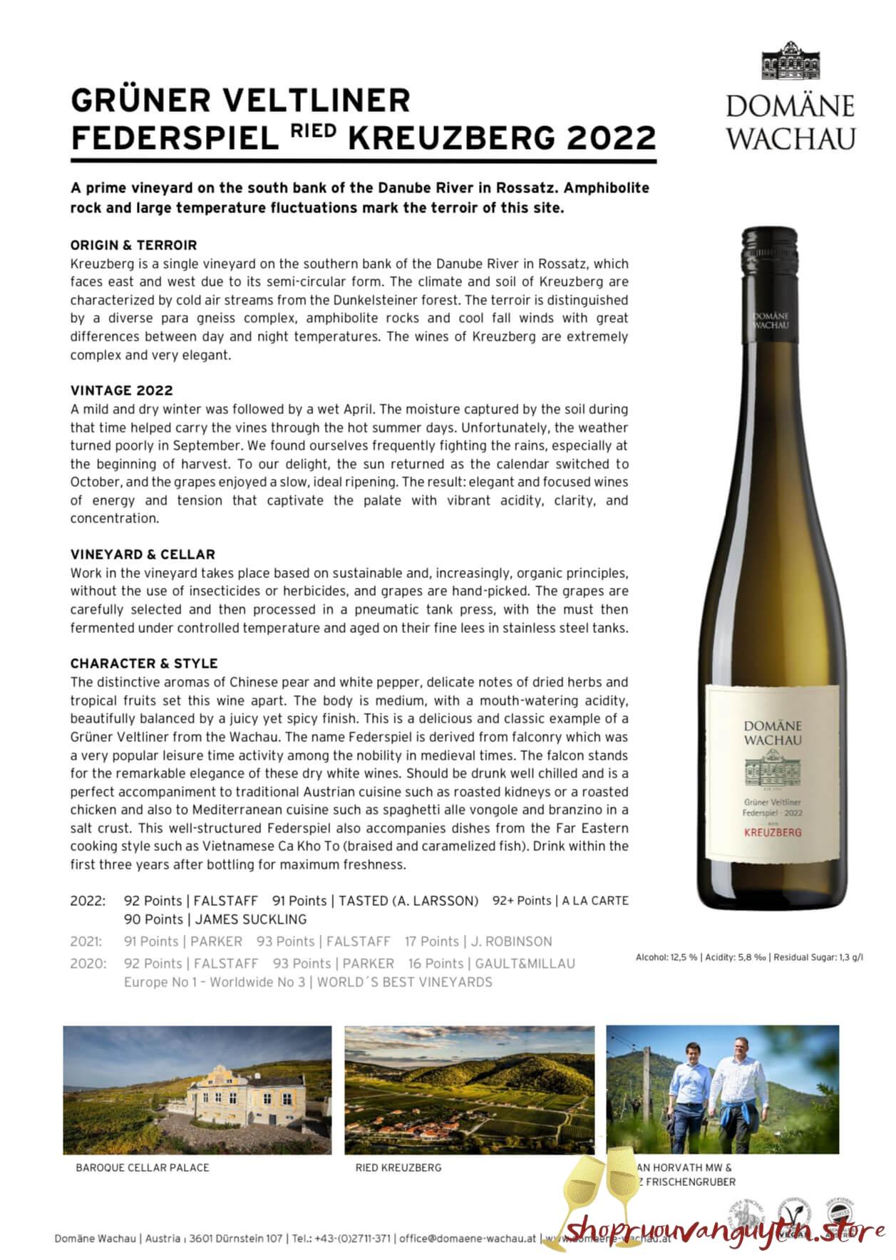 Rượu Vang Áo WACHAU GRÜNER VELTLINER FEDERSPIEL RIED KREUZBERG 2022