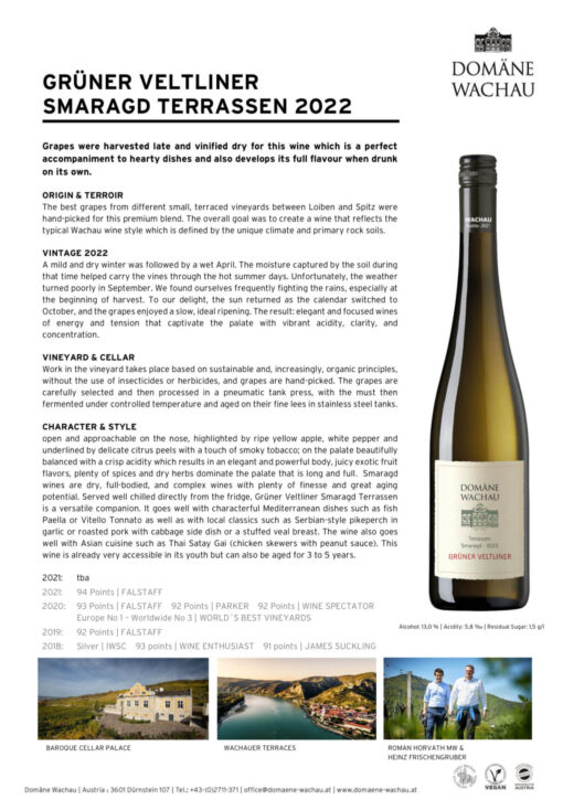 Rượu Vang Áo Wachau Grüner Veltliner Smaragd Terrassen 2022